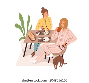 Women friends eating and talking at dining table. Happy relaxed girlfriends chatting at breakfast at home. Scene of females at meal together. Flat vector illustration isolated on white background