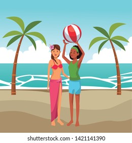 Women friends enjoying summer with beach ball in the beach scenery vector illustration graphic design