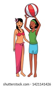 Women friends enjoying summer with beach ball isolated vector illustration graphic design