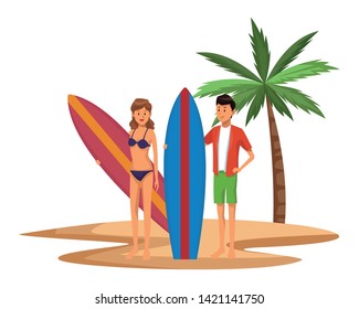 Women friends enjoying summer with surf table in the beach scenery isolated vector illustration graphic design