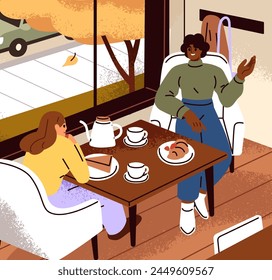 Women friends enjoying talking in cafe. Happy girls sitting at table by window. Females relaxing, resting in cozy coffee shop, bakery, coffeehouse, chatting in armchairs. Flat vector illustration