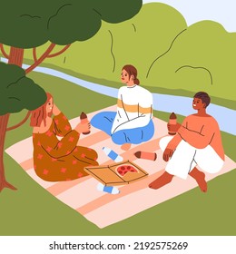 Women friends gathering for summer picnic in nature. Happy girls relaxing with food on blanket outdoors. Girlfriends talking, eating pizza on grass under tree in park. Flat vector illustration