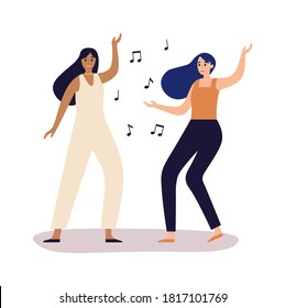 Women friends. Girlfriends dancing together. Female characters in casual clothing spending time with fun, moving to music. Entertainment for girls, flying musical notes vector illustration