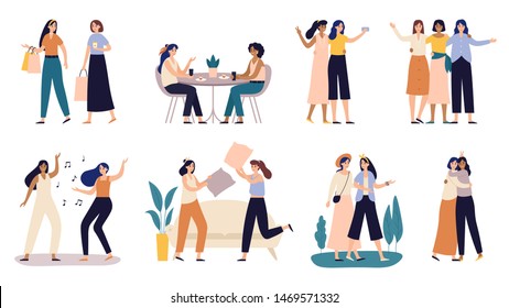 Women friends. Girlfriends spend time together, walking with friend and young girls with pillow fighting. Powerful women standing, dancing and friendship hugging vector illustration set