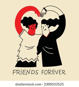 Women friends. Girlfriends spend time together, walking with friend. Powerful women standing, dancing and friendship hugging vector illustrations