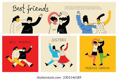 Women friends. Girlfriends spend time together, walking with friend. Powerful women standing, dancing and friendship hugging vector illustrations