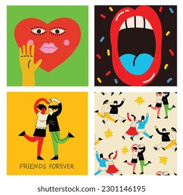 Women friends. Girlfriends spend time together, walking with friend. Powerful women standing, dancing and friendship hugging vector illustrations
