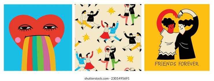 Women friends. Girlfriends spend time together, walking with friend. Powerful women standing, dancing and friendship hugging vector illustrations