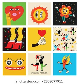 Women friends. Girlfriends spend time together, walking with friend. Powerful women standing, dancing and friendship hugging vector illustrations