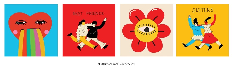 Women friends. Girlfriends spend time together, walking with friend. Powerful women standing, dancing and friendship hugging vector illustrations