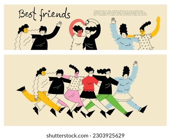 Women friends. Girlfriends spend time together, walking with friend. Powerful women standing, dancing and friendship hugging vector illustrations