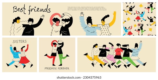 Women friends. Girlfriends spend time together, walking with friend. Powerful women standing, dancing and friendship hugging vector illustrations