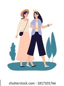 Women friends. Girlfriends walking together and communicating. Beautiful young girls talking and going in park. Female characters spending leisure time wearing casual clothing vector illustration