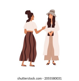 Women friends greeting each other and talking. Couple of modern girlfriends standing and chatting. People communication. Happy characters meeting. Flat vector illustration isolated on white background