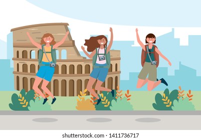 women friends jumping with backpack and camera to colosseum adventure