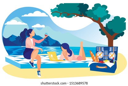 Women Friends on Picnic, Sitting on Cozy Mattress. Smart Dressed Brunette, Holding Wine Glass. Girl, Lying on Stomach, Looking into Laptop Monitor. Scenic Mountain Lake or River Sandy Shore.