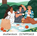 Women friends on summer picnic, sitting on blanket in park, drinking tea and talking. Girls relaxing in nature on summertime holidays. Outdoor hen party, leisure time. Flat vector illustration