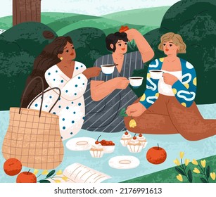 Women friends on summer picnic, sitting on blanket in park, drinking tea and talking. Girls relaxing in nature on summertime holidays. Outdoor hen party, leisure time. Flat vector illustration