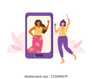 Women friends. Online party, birthday. People spend time together, dancing, laughing and drinking wine. Video meeting using the app on smartphone. Quarantine at home. Video chat. Female friendship. 