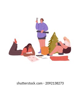 Las amigas preparan regalos de Navidad, envolviendo regalos en casa. Felices novias durante las preparaciones de bricolaje para Navidad y vacaciones de Año Nuevo. Ilustración vectorial plana aislada en fondo blanco