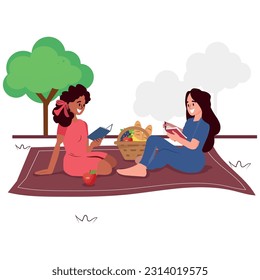 Women friends reading books outdoor, relaxing in nature at summer weekend. Girls bookworms resting with fiction novels at leisure time on holiday. Flat vector illustration isolated on white background