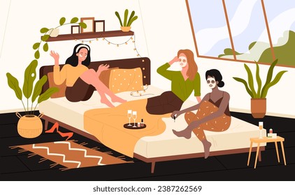 Women friends relax in bed on hen party vector illustration. Cartoon girls in pajamas rest on sleepover, young three female characters gossip and drink wine together, make beauty masks and skin care
