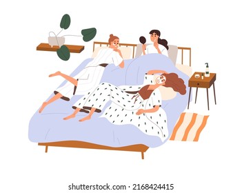 Women friends relaxing in bed on hen party. Girls in pajamas and facial masks in home bedroom, resting together. Girlfriends leisure, sleepover. Flat vector illustration isolated on white background