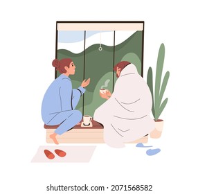 Women friends rest by window at cozy home, talking and drinking coffee. Couple of girlfriends in pajamas and blanket relax with cups and chatting. Flat vector illustration isolated on white background