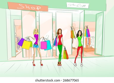 Women Friends Shopping Bags, Girls in Modern Luxury Shop Mall Center Vector Illustration