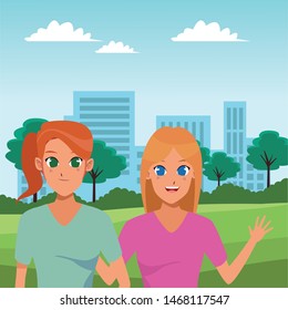 Women friends smiling and greeting cartoons at city park scenery vector illustration graphic design