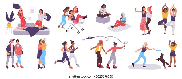 Women friends spend time together, female friendship concept. Happy girl friends having sleepover, hugging, taking selfie vector set. Characters doing shopping, playing with dog