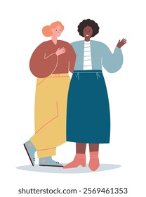 Women friends stand together in an embrace, talking. The two girls communicate and exchange messages. Vector flat graphics.