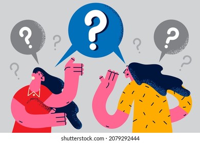 Women friends talk chat feel confused frustrated have misunderstanding in communication. Females speak suffer from cultural or language differences. Conversation problem. Vector illustration. 