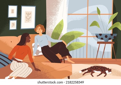 Women friends talking, sitting on sofa in living room at home. Happy young girls relaxing, chatting on couch in modern comfy house. Couple of girlfriends communication. Flat vector illustration