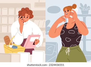 Women friends talking, speaking on mobile phone, cellphone. Busy person with cell, smartphone shopping in grocery store, listening to girl telling, chatting from home. Flat vector illustration