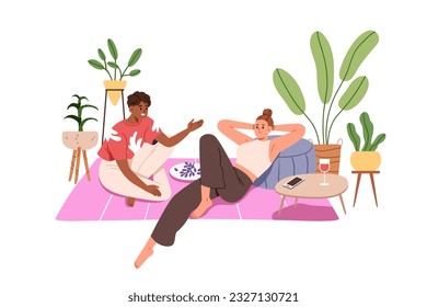 Las amigas hablan, pasan tiempo en casa. Muchachas felices relajándose en el piso, charlando por el ocio, el fin de semana. Comunicación de novias. Ilustración vectorial plana aislada en fondo blanco