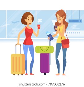 Women friends  travel together.  Vacation. Flat Vector illustration.