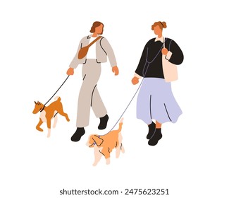 Women friends walking dogs. Pet owners with cute puppies on leash, strolling on street. Females going together, leading doggies on leashes. Flat vector illustration isolated on white background