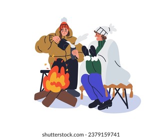 Women friends warming with hot drink and fire in cold weather. Happy girls sitting at campfire, bonfire with tea mugs, relaxing in winter. Flat graphic vector illustration isolated on white background