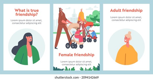 Women Friendship Cartoon Banners. Moms with Babies in Prams and Strollers. Characters Walk With Their Infant Children. Community of Young Mothers, Motherhood and Maternity. People Vector Posters Set