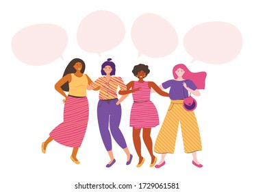 Women friendship group. Diverse female international team standing together, holding hands, girls power. Multinational sisterhood community. Women friends. Dialogue bubble with an empty space for text