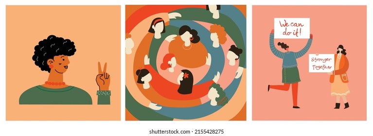 Women friendship group. Diverse female team standing together, holding hands, girls power, multinational sisterhood community vector illustration. Friendship group females, people diversity