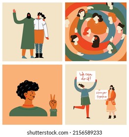 Women friendship group. Diverse female team standing together, holding hands, girls power, multinational sisterhood community vector illustration. Friendship group females, people diversity