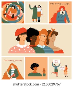 Women friendship group. Diverse female team standing together, holding hands, girls power, multinational sisterhood community vector illustration. Friendship group females, people diversity