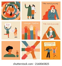 Women friendship group. Diverse female team standing together, holding hands, girls power, multinational sisterhood community vector illustration. Friendship group females, people diversity