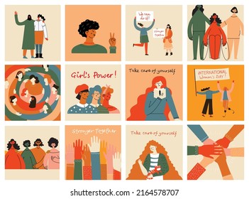 Women friendship group. Diverse female team standing together, holding hands, girls power, multinational sisterhood community vector illustration. Friendship group females, people diversity