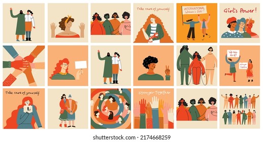 Women friendship group. Diverse female team standing together, holding hands, girls power, multinational sisterhood community vector illustration. Friendship group females, people diversity