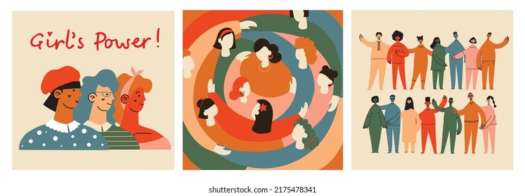 Women friendship group. Diverse female team standing together, holding hands, girls power, multinational sisterhood community vector illustration. Friendship group females, people diversity