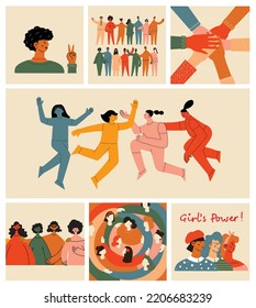 Women friendship group. Diverse female team standing together, holding hands, girls power, multinational sisterhood community vector illustration. Friendship group females, people diversity