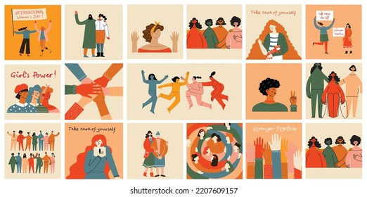 Women friendship group. Diverse female team standing together, holding hands, girls power, multinational sisterhood community vector illustration. Friendship group females, people diversity